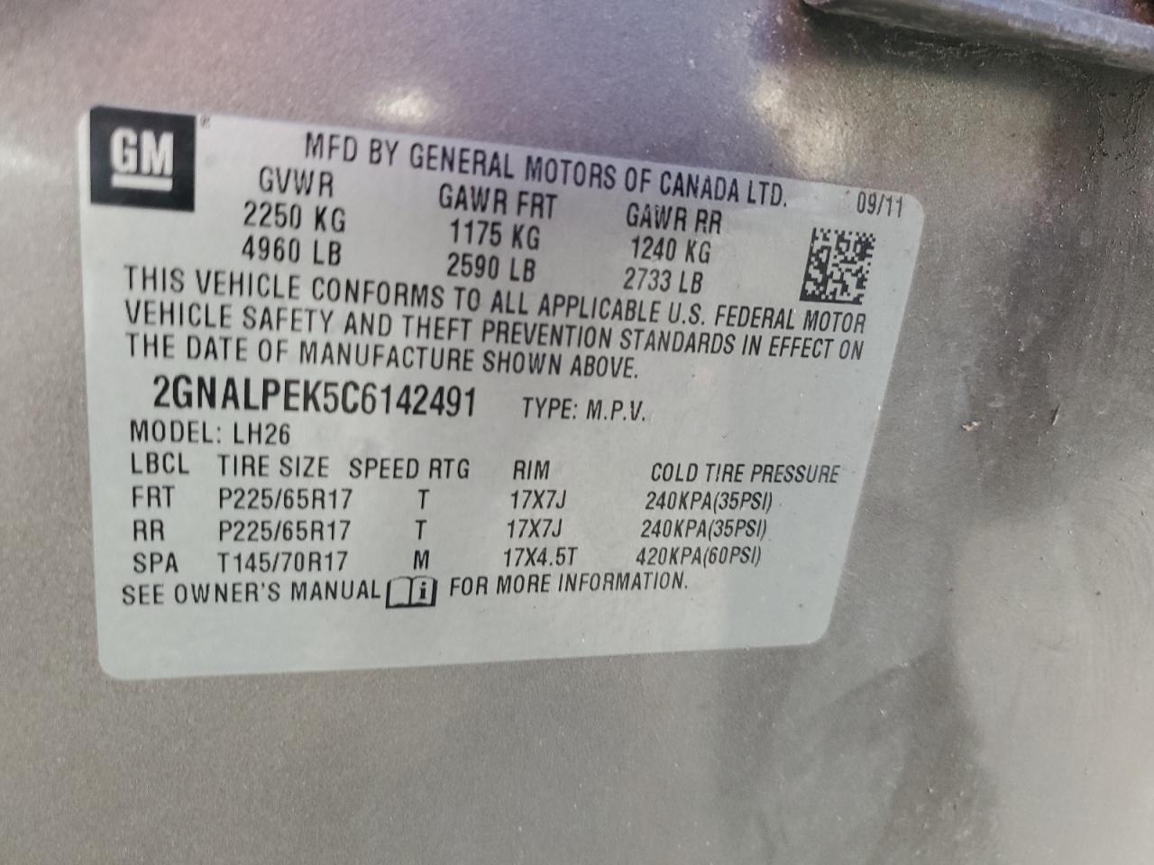 2012 Chevrolet Equinox VIN 2GNALPEK5C6142491 Copart auction photo, front end damage thumbnail 13