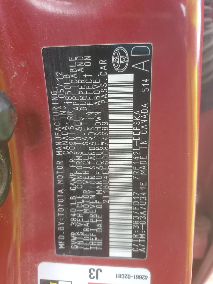 2012 Toyota Corolla VIN 2T1BU4EE6CC874789 Copart auction photo, front end damage thumbnail 12