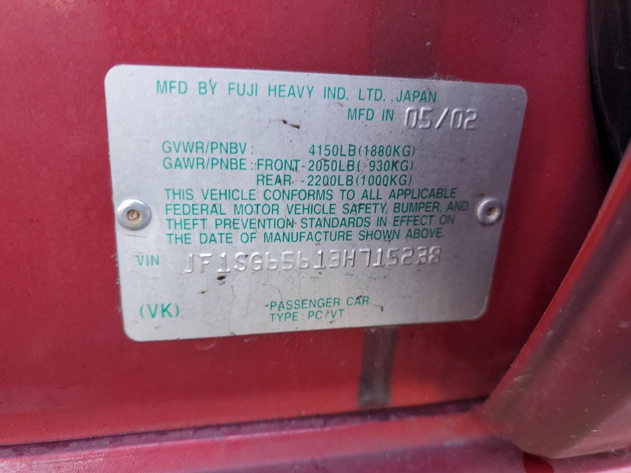 2003 Subaru Forester VIN JF1SG65613H715238 Copart auction photo, front end damage thumbnail 13