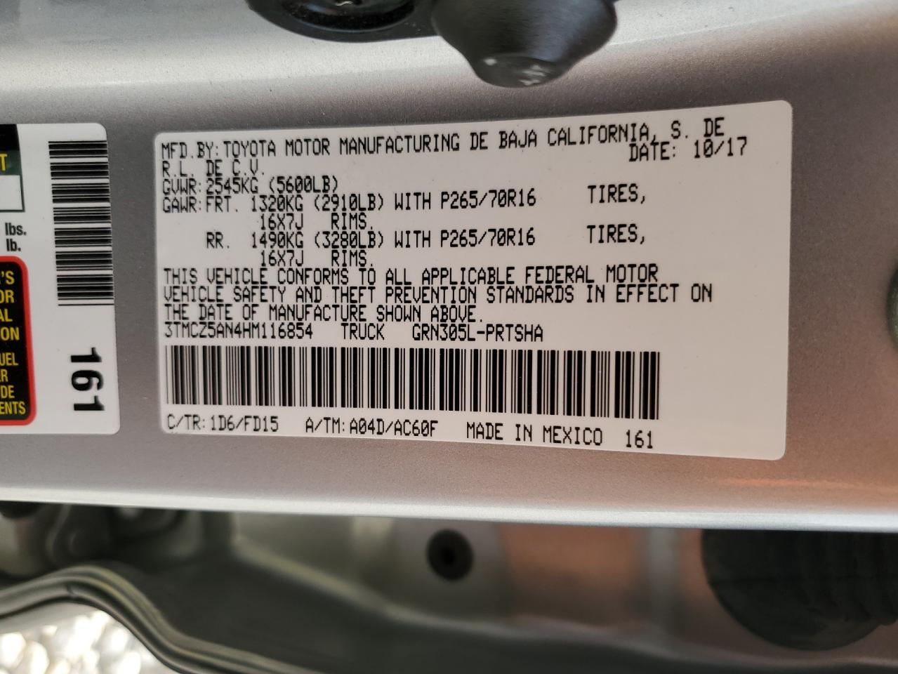 2017 Toyota Tacoma VIN 3TMCZ5AN4HM116854 Copart auction photo, side / undercarriage damage thumbnail 15