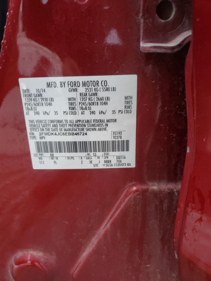2014 Ford Edge VIN 2FMDK4JC6EBB46724 Copart auction photo, front end / side damage thumbnail 14