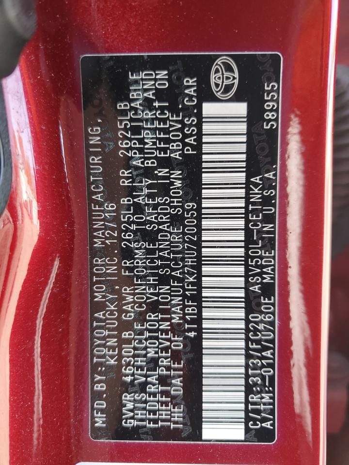 2017 Toyota Camry VIN 4T1BF1FK7HU720059 Copart auction photo, rear end damage thumbnail 12