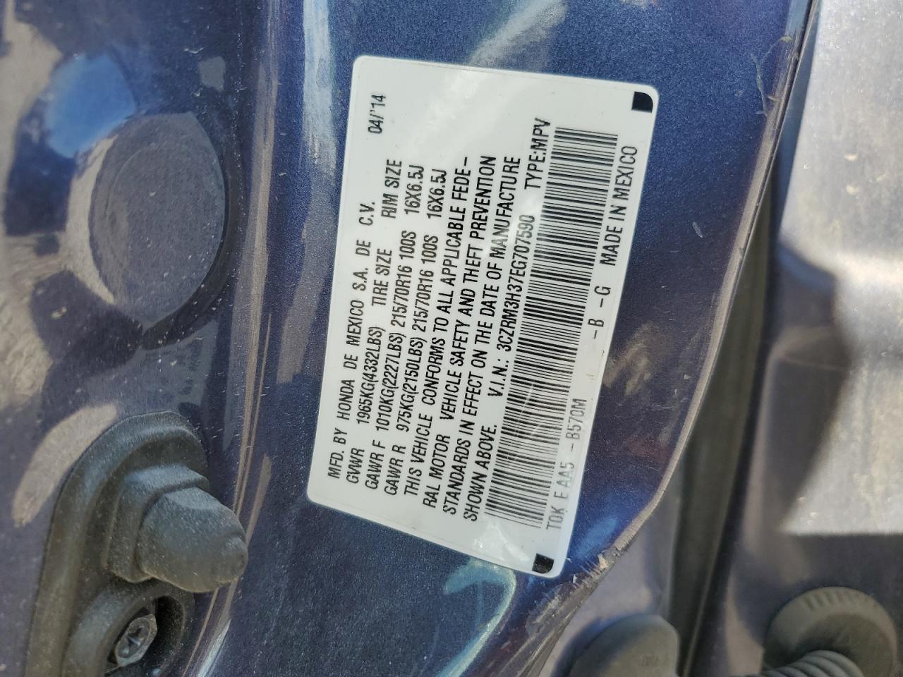2014 Honda CR-V VIN 3CZRM3H37EG707590 Copart auction photo, all over damage thumbnail 14