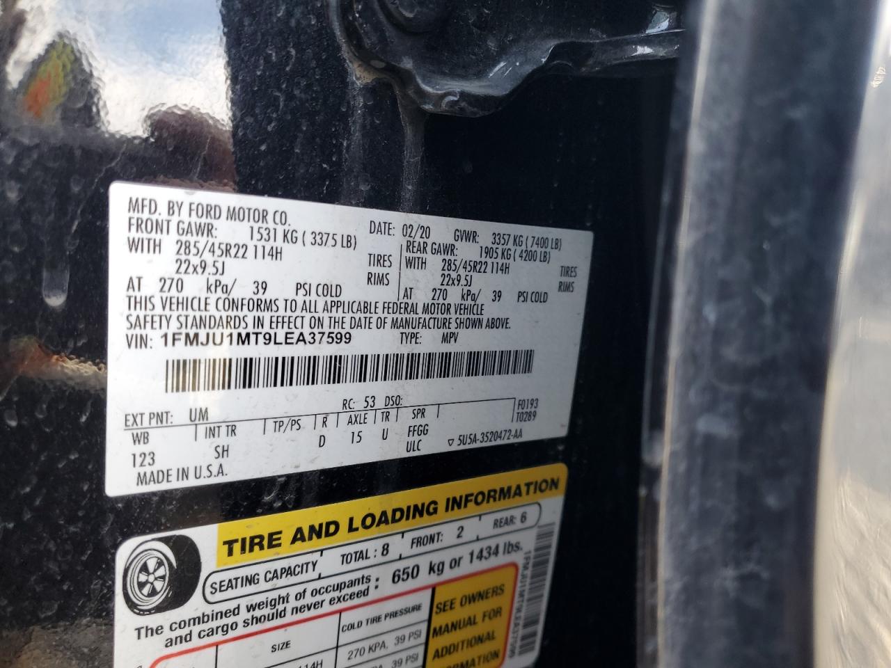2020 Ford Expedition VIN 1FMJU1MT9LEA37599 Copart auction photo, front end damage thumbnail 13
