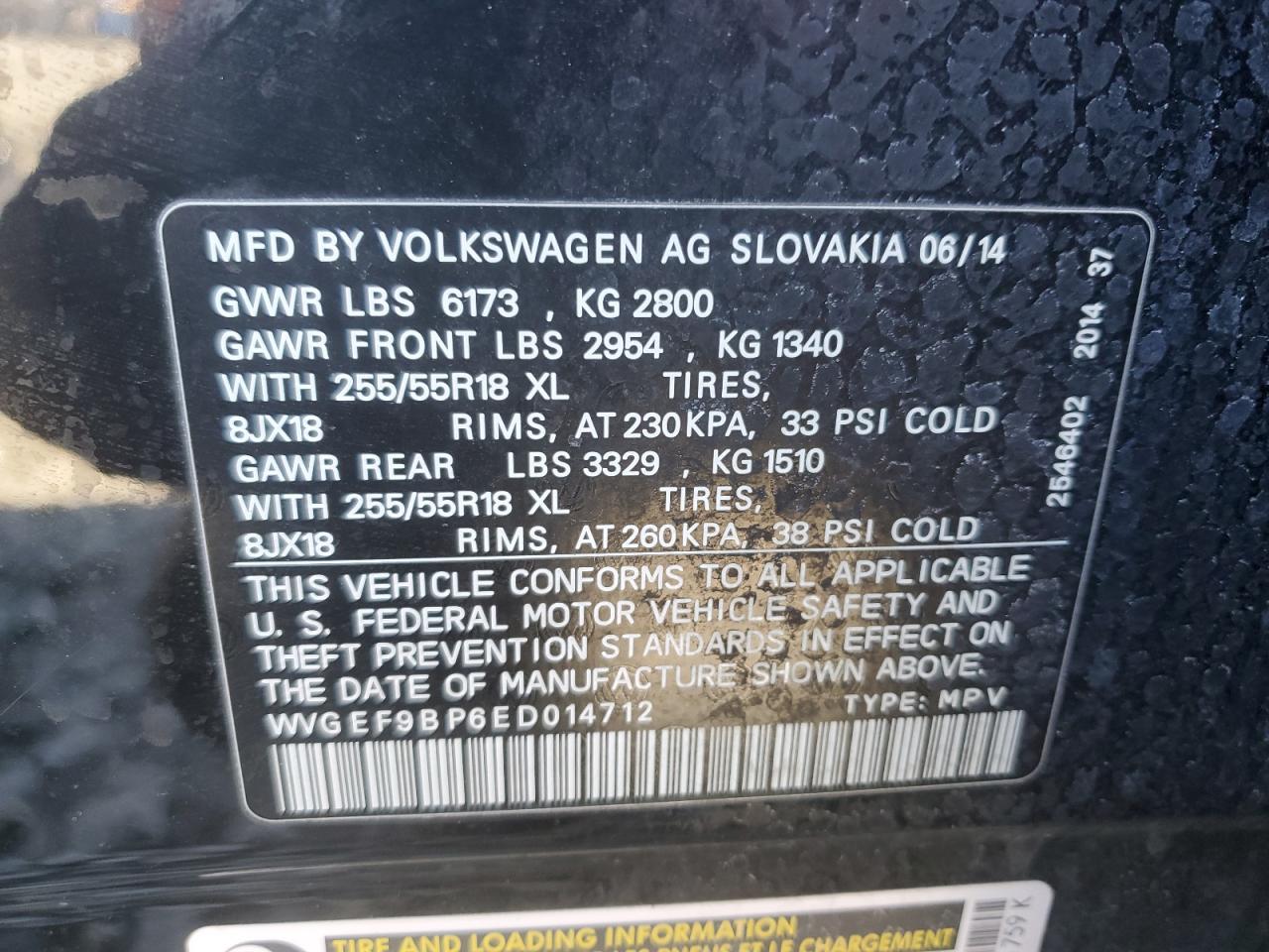 2014 Volkswagen Touareg VIN WVGEF9BP6ED014712 Copart auction photo, front end damage thumbnail 16