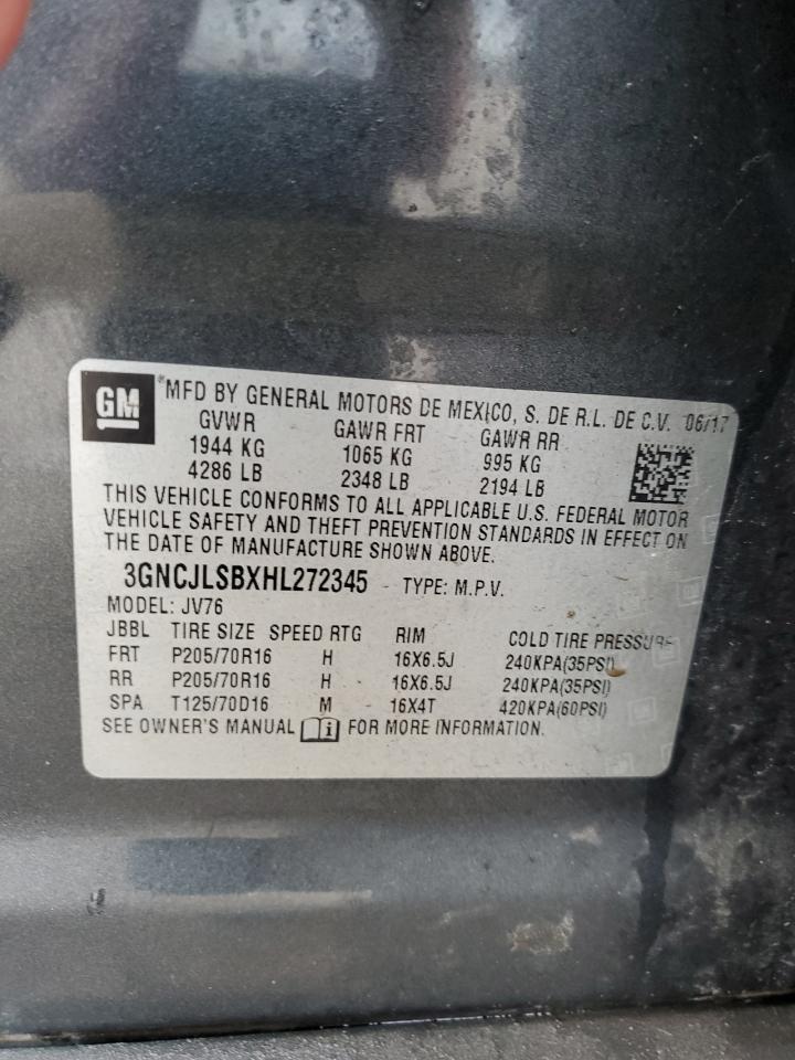 2017 Chevrolet Trax VIN 3GNCJLSBXHL272345 Copart auction photo, front end / side damage thumbnail 13