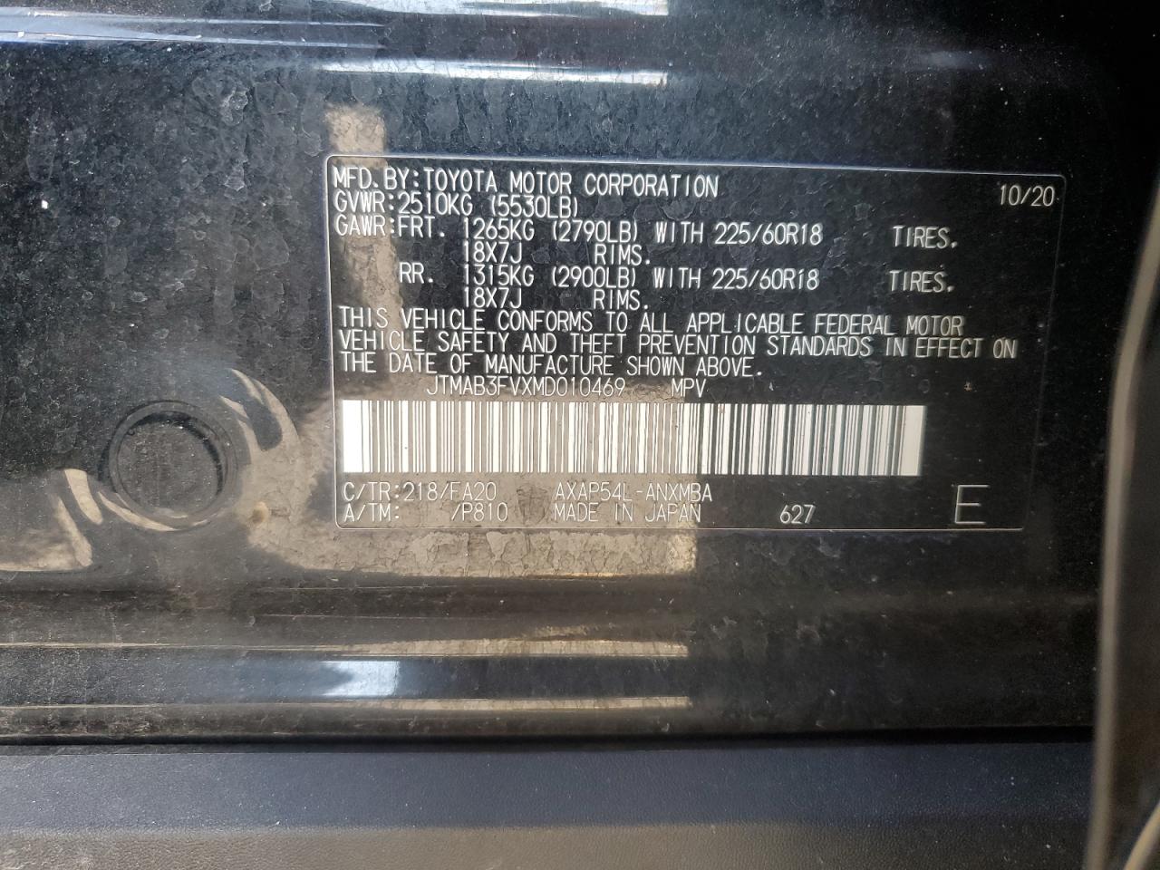 2021 Toyota RAV 4 VIN JTMAB3FVXMD010469 Copart auction photo, rear end / side damage thumbnail 15