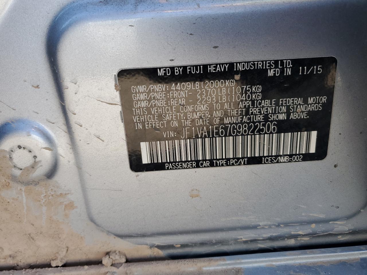 2016 Subaru WRX VIN JF1VA1E67G9822506 Copart auction photo, front end damage thumbnail 12
