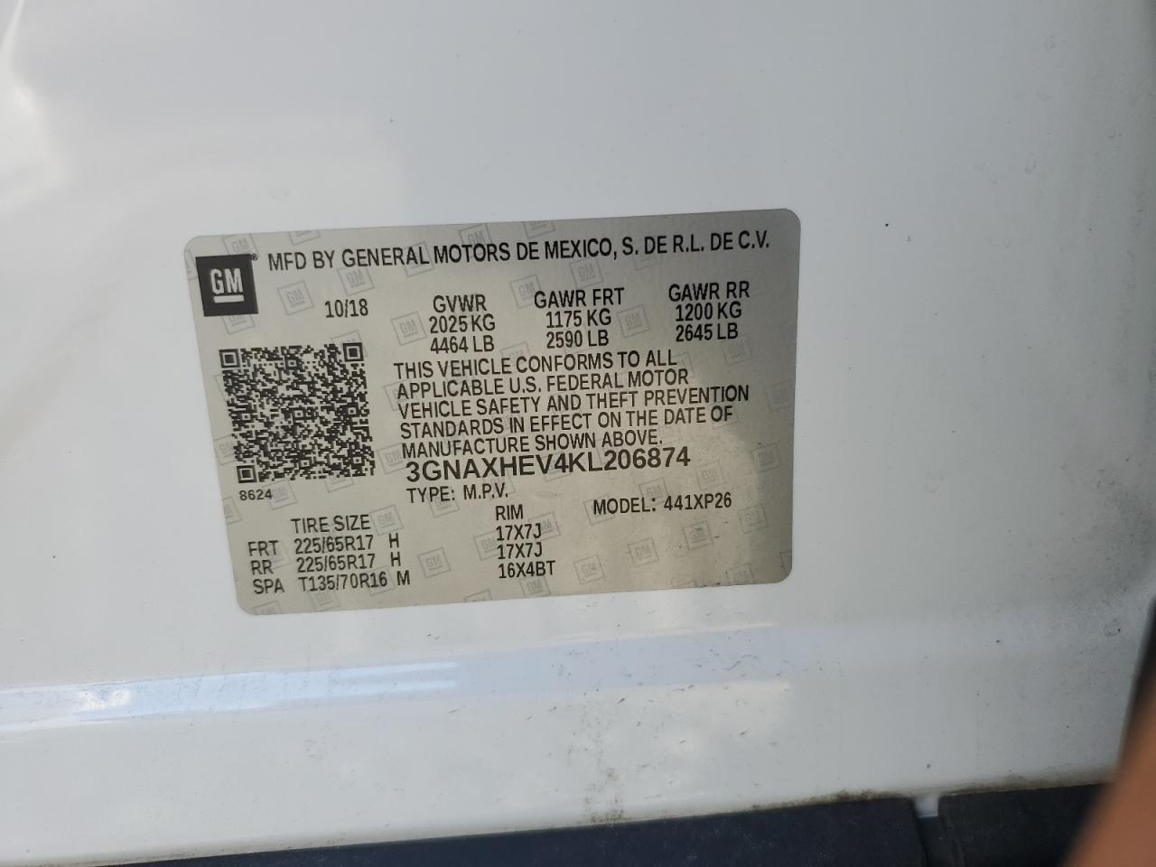 2019 Chevrolet Equinox VIN 3GNAXHEV4KL206874 Copart auction photo, front end damage thumbnail 13