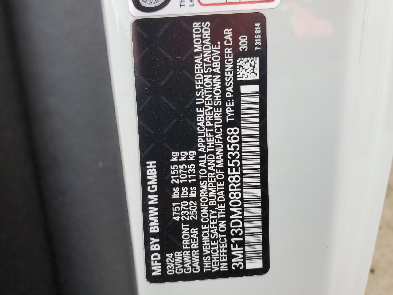 2024 BMW M2 VIN 3MF13DM08R8E53568 Copart auction photo, vandalism / side damage thumbnail 13