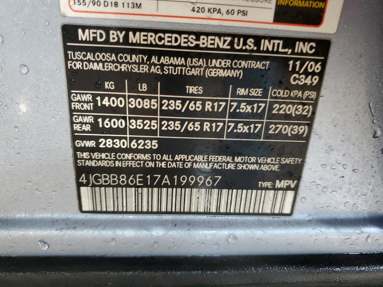 2007 Mercedes-Benz M-klasse VIN 4JGBB86E17A199967 Copart auction photo, front end / minor dent/scratches damage thumbnail 12