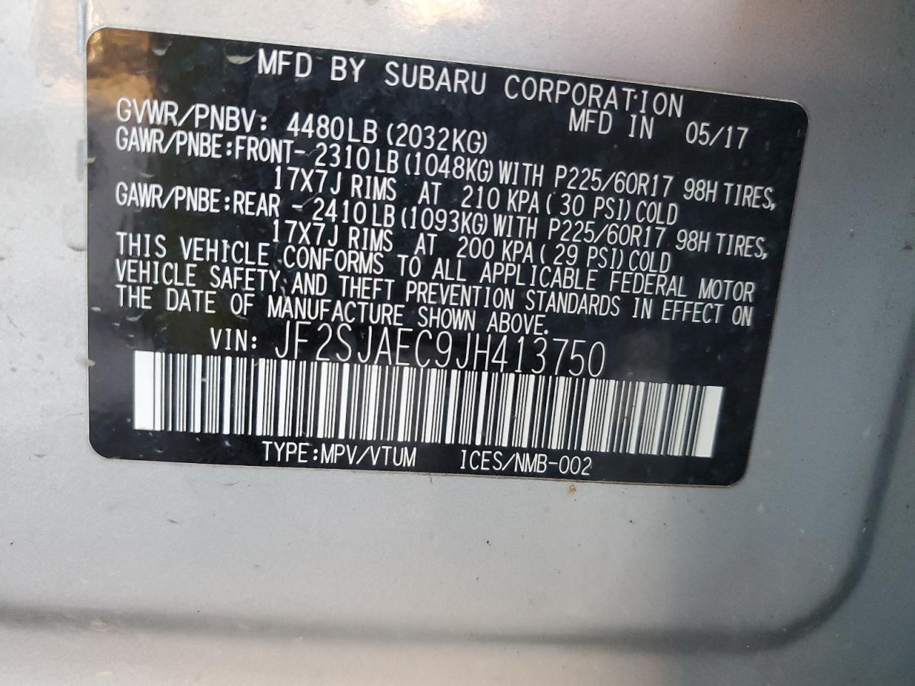 2018 Subaru Forester VIN JF2SJAEC9JH413750 Copart auction photo, rear end / front end damage thumbnail 12