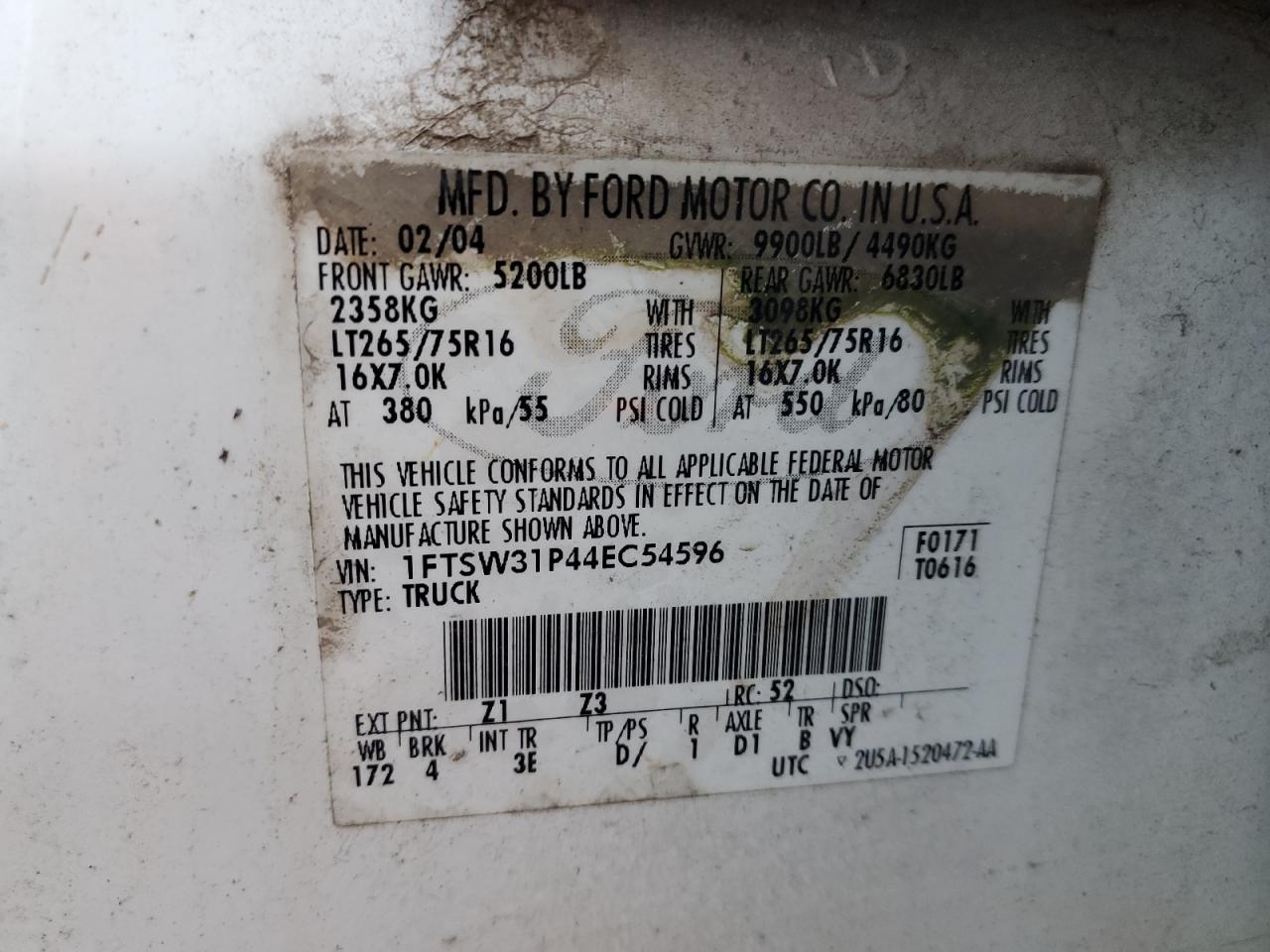 2004 Ford F350 VIN 1FTSW31P44EC54596 Copart auction photo, rear end damage thumbnail 13