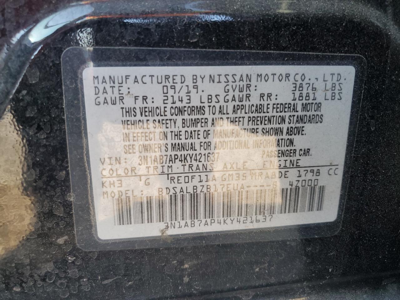 2019 Nissan Sentra VIN 3N1AB7AP4KY421637 Copart auction photo, rear end / front end damage thumbnail 12