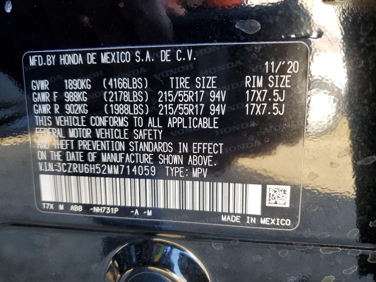 2021 Honda HR-V VIN 3CZRU6H52MM714059 Copart auction photo, front end damage thumbnail 14