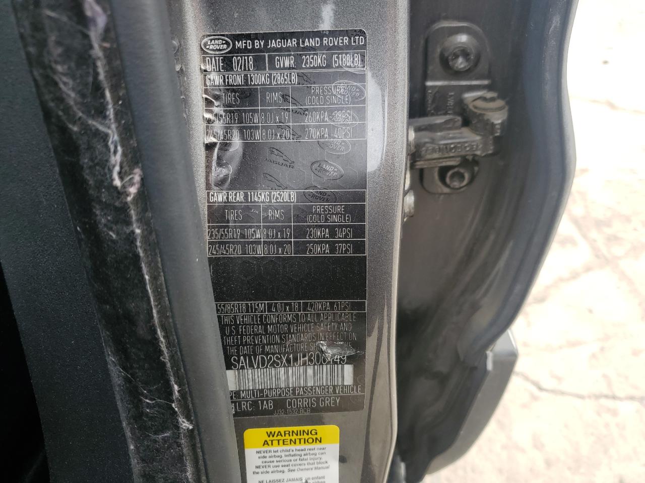 2018 Land Rover Range Rover VIN SALVD2SX1JH306149 Copart auction photo, front end damage thumbnail 13