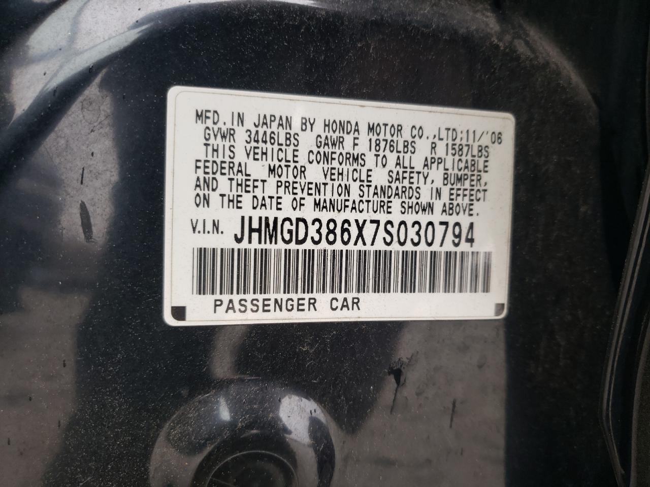 2007 Honda Fit VIN JHMGD386X7S030794 Copart auction photo, minor dent/scratches damage thumbnail 12