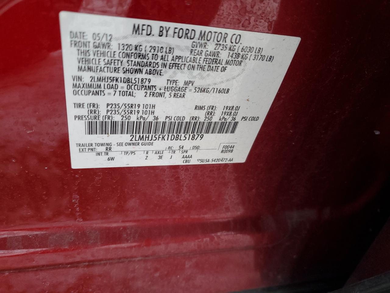2013 Lincoln MKT VIN 2LMHJ5FK1DBL51879 Copart auction photo, front end damage thumbnail 14