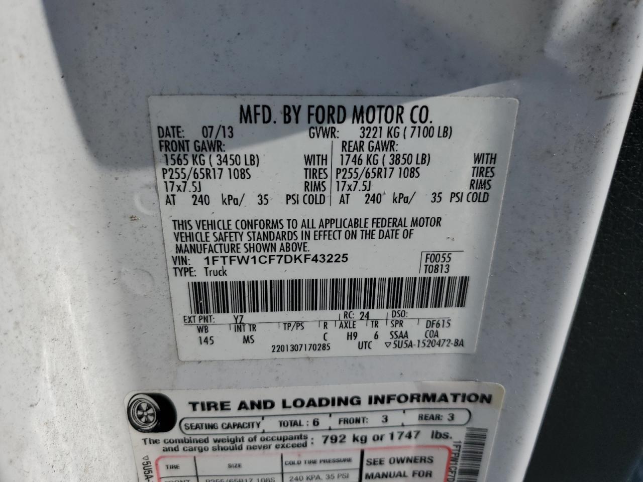 2013 Ford F-150 VIN 1FTFW1CF7DKF43225 Copart auction photo, water/flood damage thumbnail 12