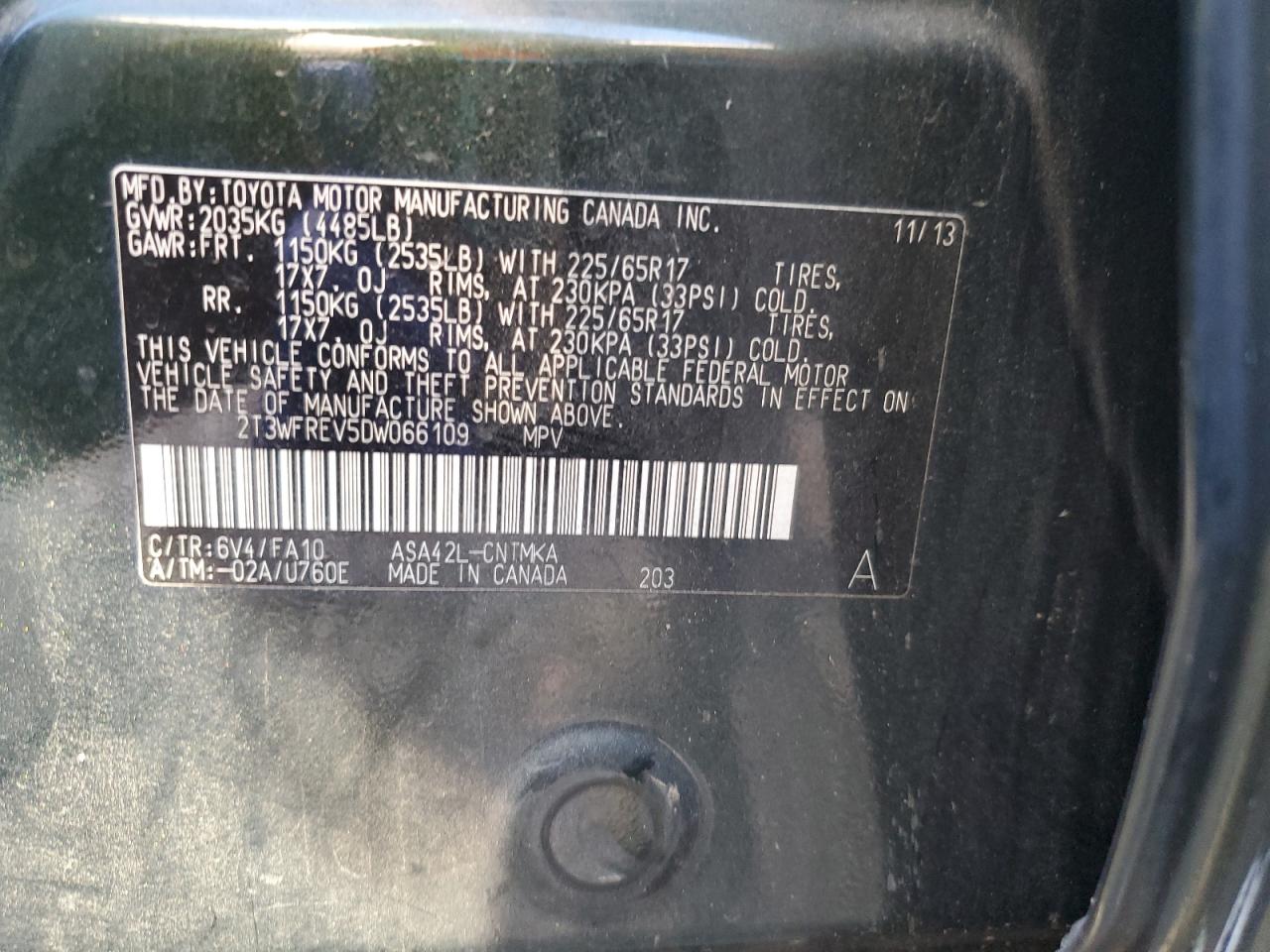 2013 Toyota RAV 4 VIN 2T3WFREV5DW066109 Copart auction photo, side / front end damage thumbnail 13