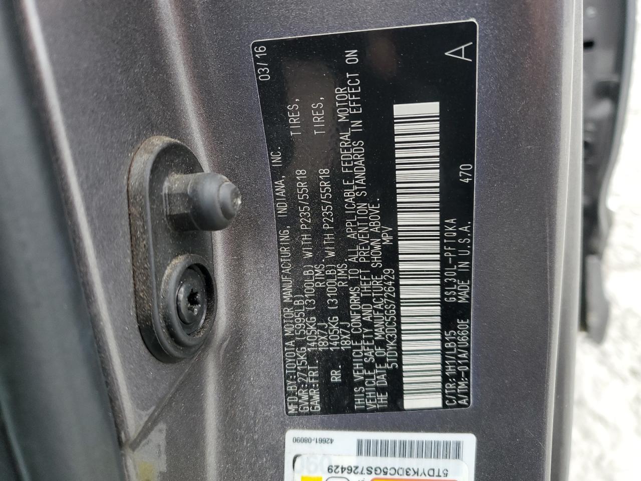 2016 Toyota Sienna VIN 5TDYK3DC5GS726429 Copart auction photo, front end / side damage thumbnail 14