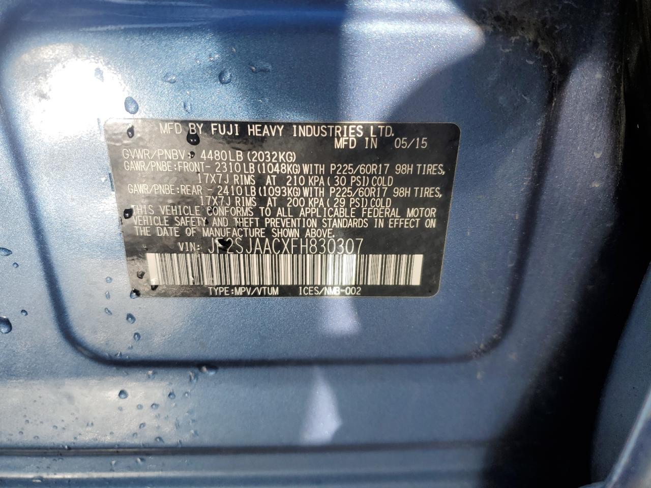 2015 Subaru Forester VIN JF2SJAACXFH830307 Copart auction photo, front end / side damage thumbnail 13