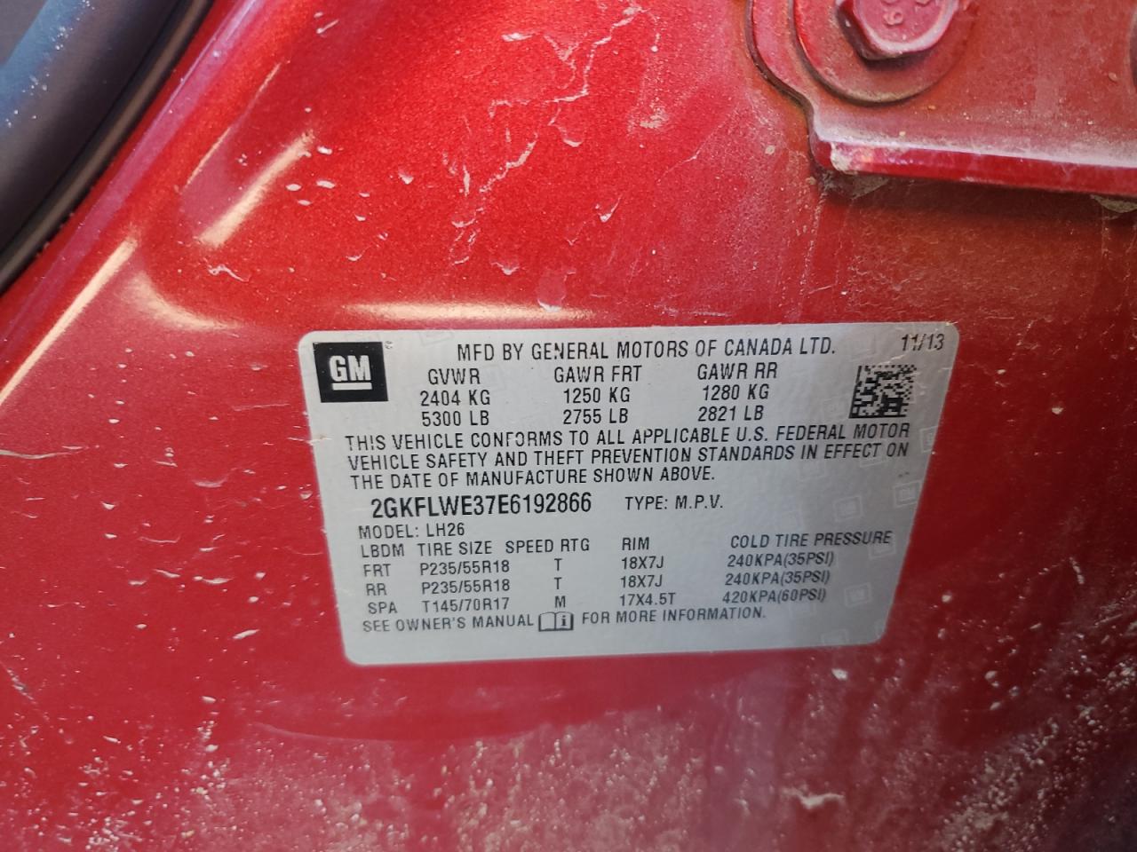 2014 GMC Terrain VIN 2GKFLWE37E6192866 Copart auction photo, front end damage thumbnail 13