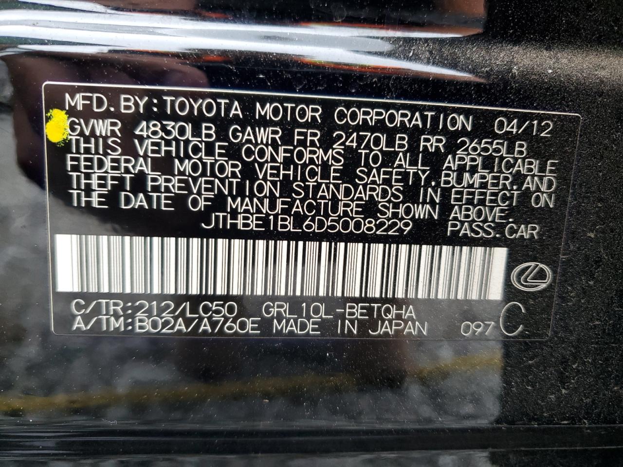 2013 Lexus GS VIN JTHBE1BL6D5008229 Copart auction photo, all over damage thumbnail 12