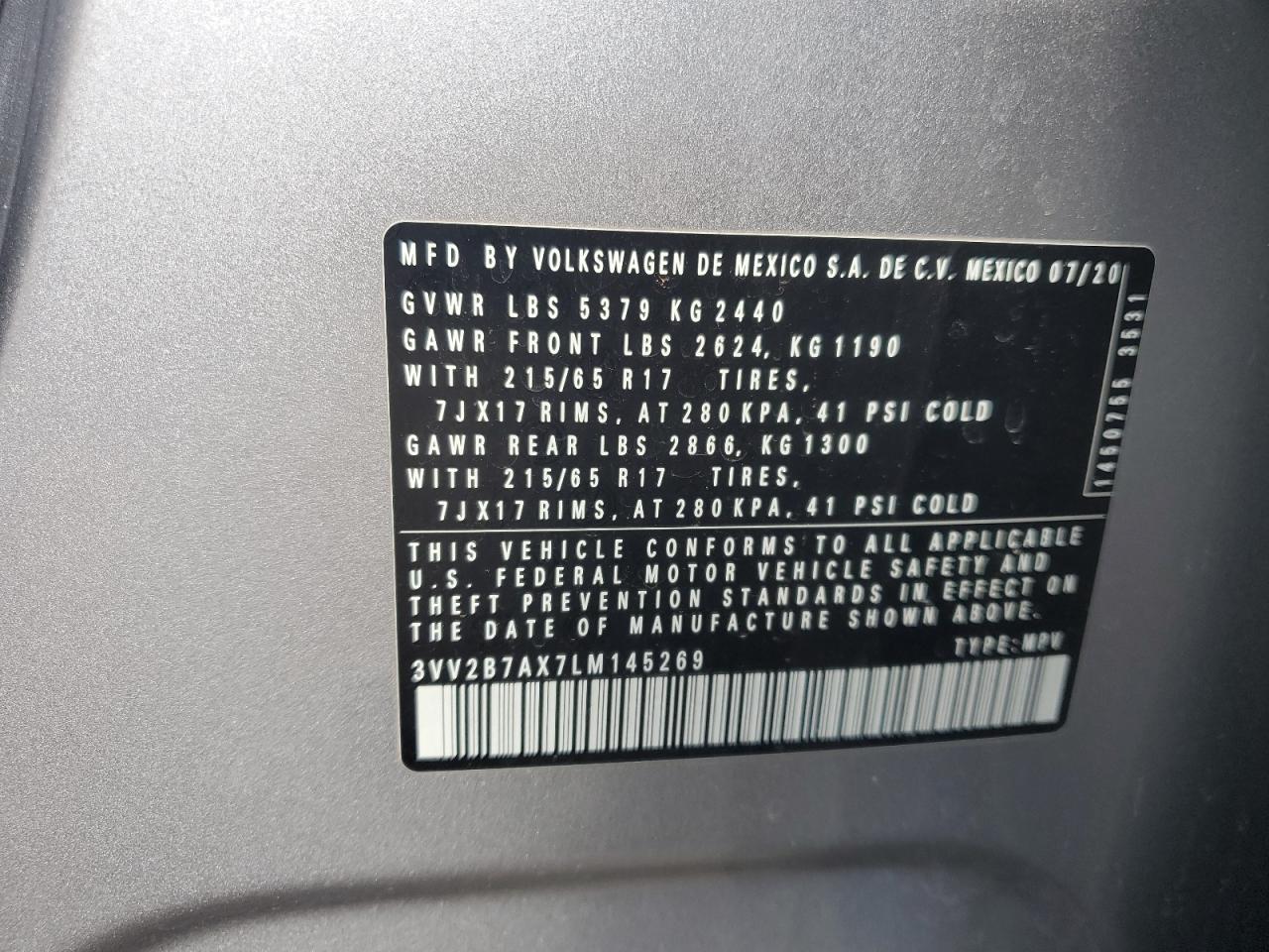 2020 Volkswagen Tiguan VIN 3VV2B7AX7LM145269 Copart auction photo, rear end damage thumbnail 13