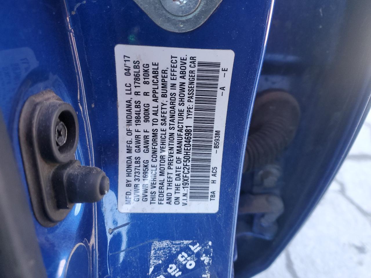 2017 Honda Civic VIN 19XFC2F50HE046981 Copart auction photo, all over damage thumbnail 12