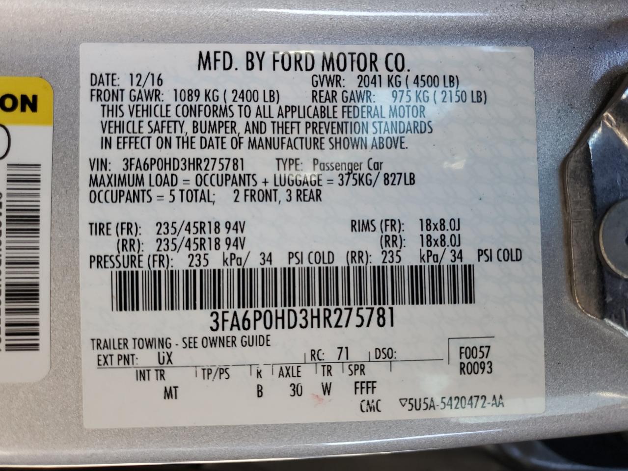 2017 Ford Fusion VIN 3FA6P0HD3HR275781 Copart auction photo, front end / side damage thumbnail 12
