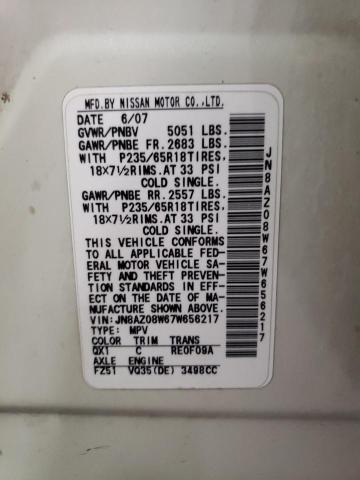 2007 Nissan Murano VIN JN8AZ08W67W656217 Copart auction photo, rear end damage thumbnail 13