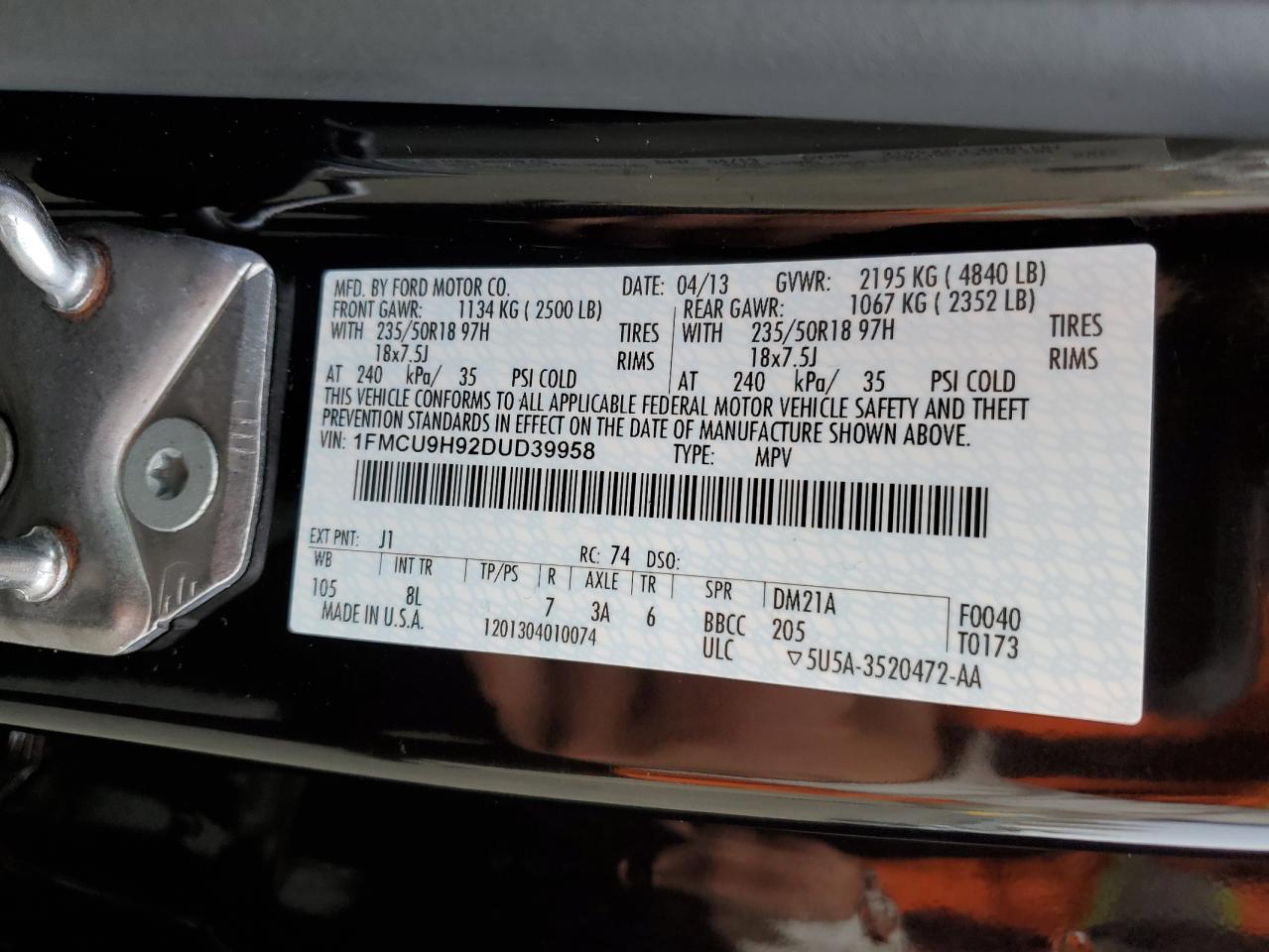 2013 Ford Escape VIN 1FMCU9H92DUD39958 Copart auction photo, front end damage thumbnail 15