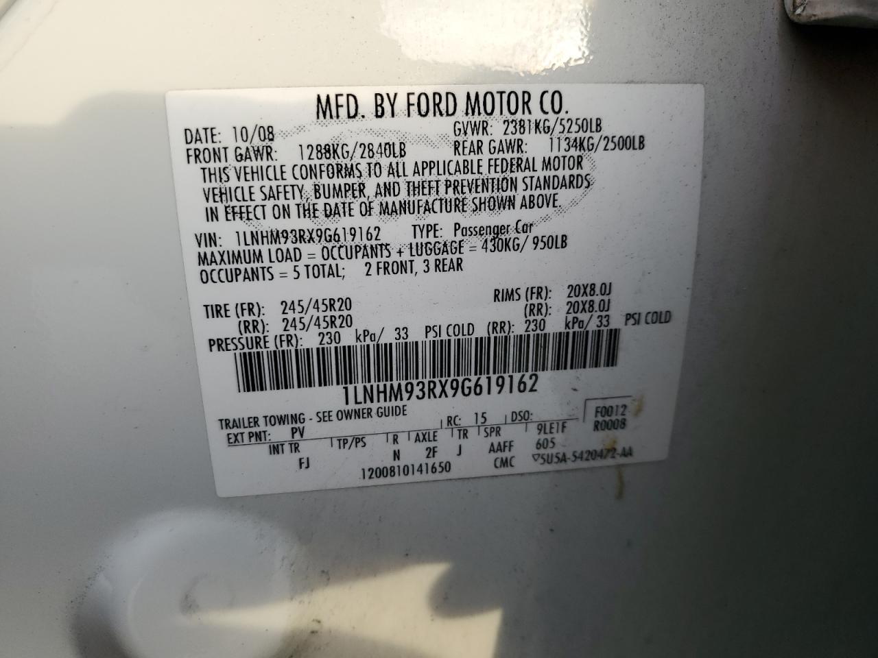 2009 Lincoln MKS VIN 1LNHM93RX9G619162 Copart auction photo, undercarriage / minor dent/scratches damage thumbnail 12