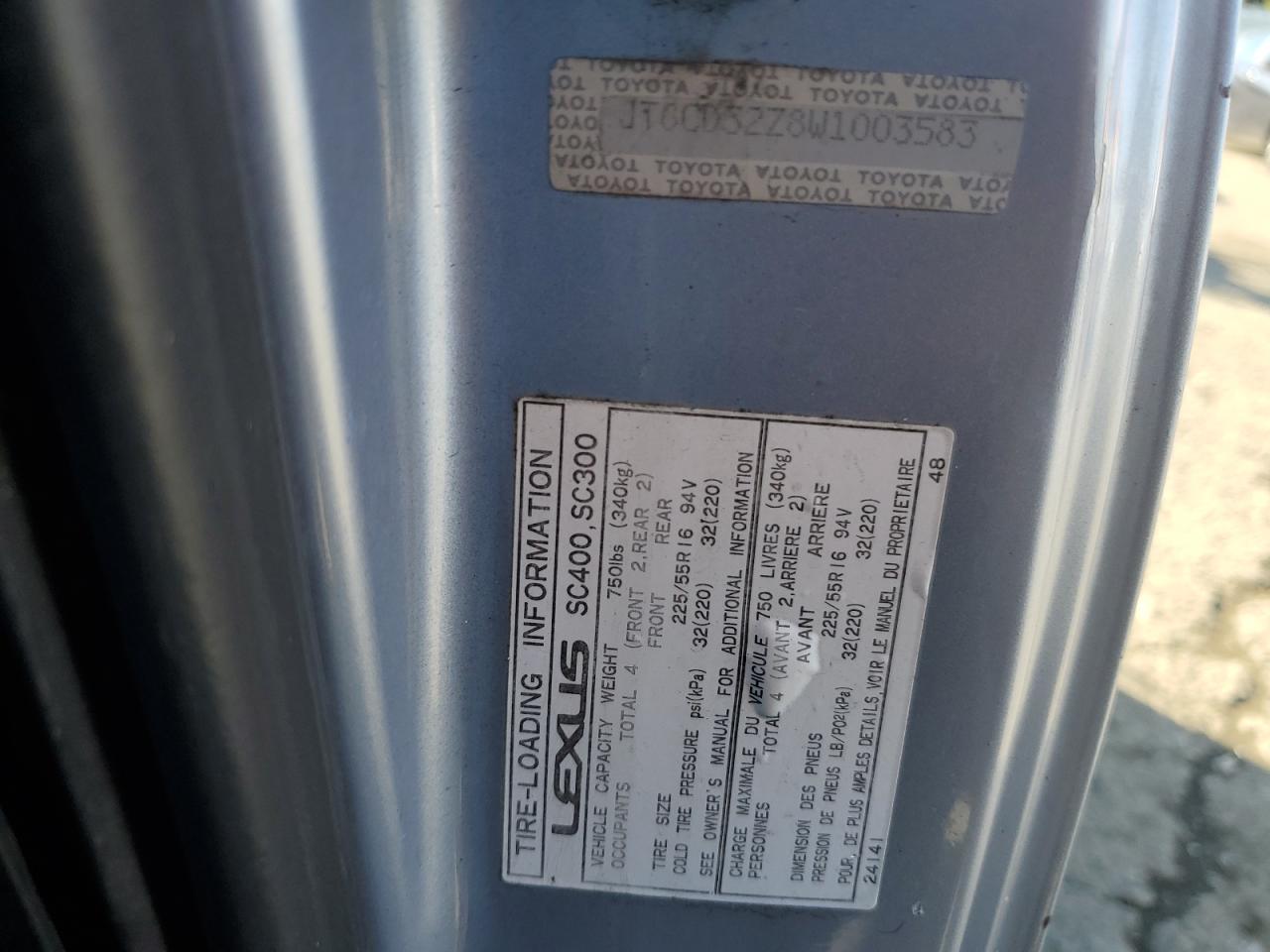 1998 Lexus SC VIN JT8CD32Z8W1003583 Copart auction photo, all over damage thumbnail 12