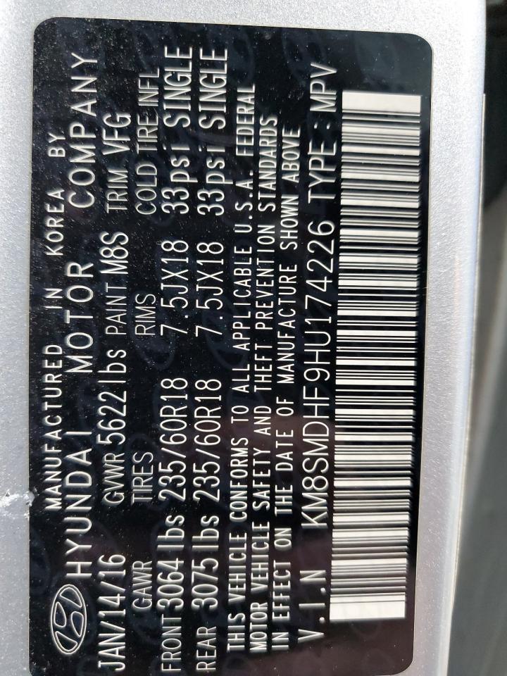 2017 Hyundai Santa Fe VIN KM8SMDHF9HU174226 Copart auction photo, side / rear end damage thumbnail 13