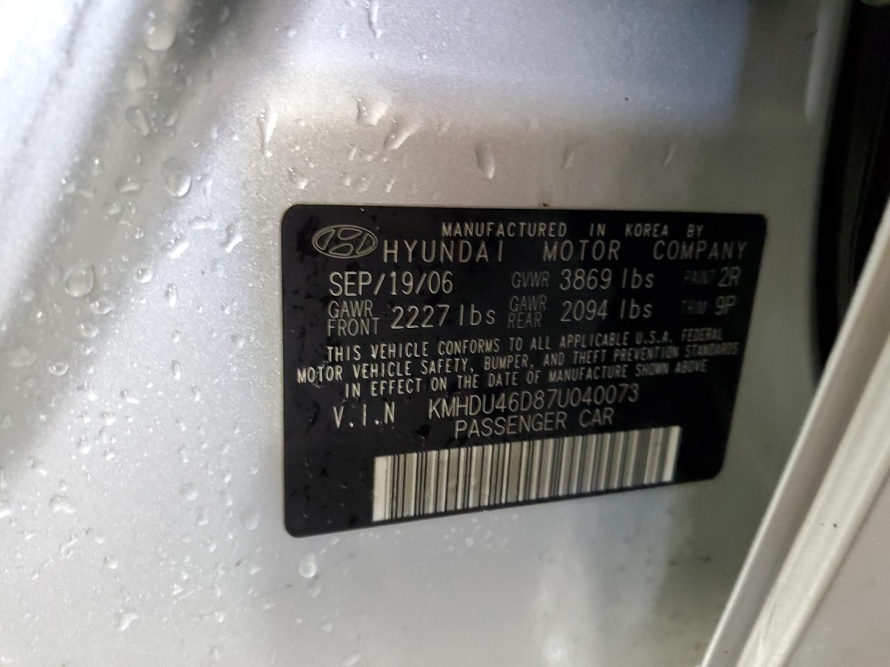 2007 Hyundai Elantra VIN KMHDU46D87U040073 Copart auction photo, front end / rear end damage thumbnail 12