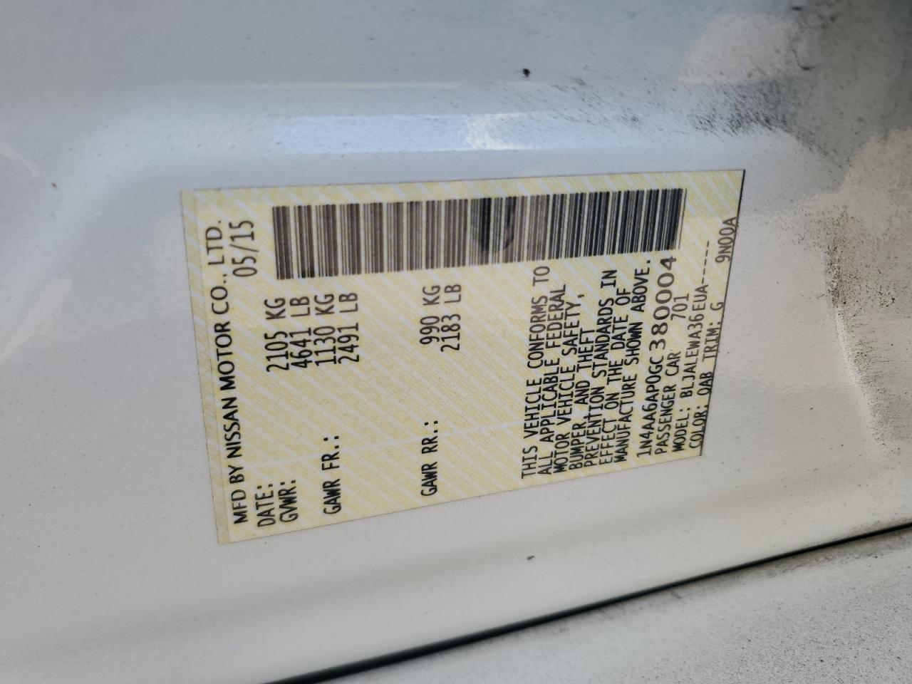 2016 Nissan Maxima VIN 1N4AA6AP0GC380004 Copart auction photo, front end damage thumbnail 14