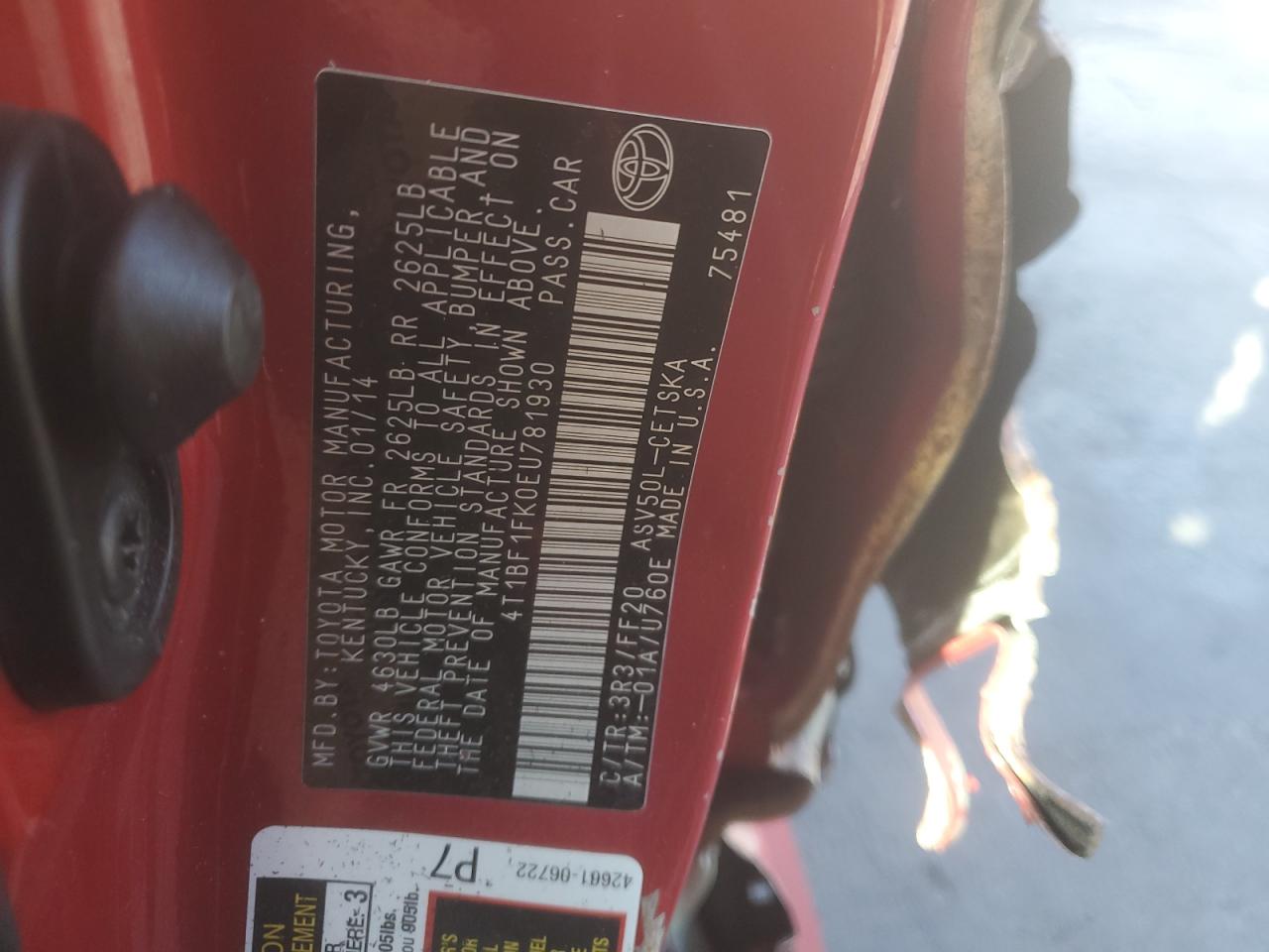 2014 Toyota Camry VIN 4T1BF1FK0EU781930 Copart auction photo, front end / side damage thumbnail 12