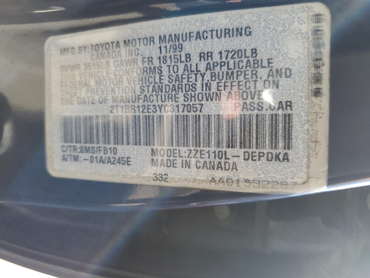 2000 Toyota Corolla VIN 2T1BR12E3YC317057 Copart auction photo, front end damage thumbnail 12