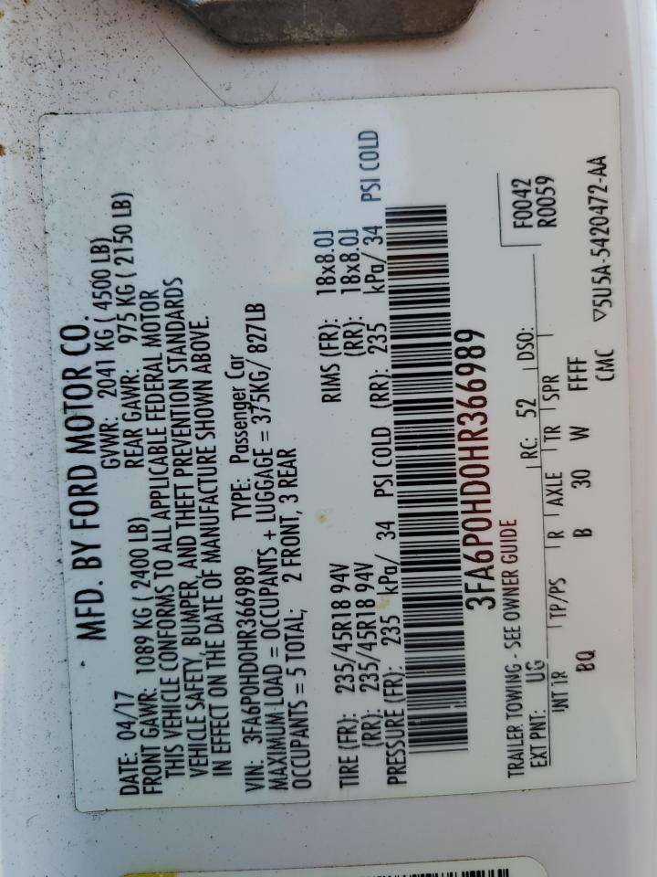 2017 Ford Fusion VIN 3FA6P0HD0HR366989 Copart auction photo, front end / minor dent/scratches damage thumbnail 14