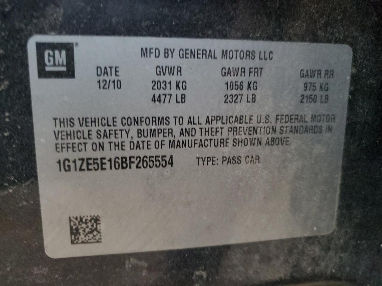 2011 Chevrolet Malibu VIN 1G1ZE5E16BF265554 Copart auction photo, front end / side damage thumbnail 12