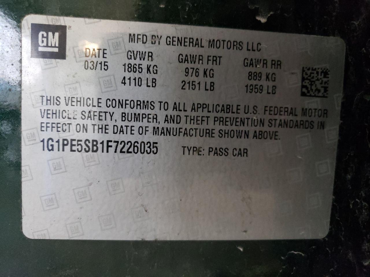 2015 Chevrolet Cruze VIN 1G1PE5SB1F7226035 Copart auction photo, side / minor dent/scratches damage thumbnail 13