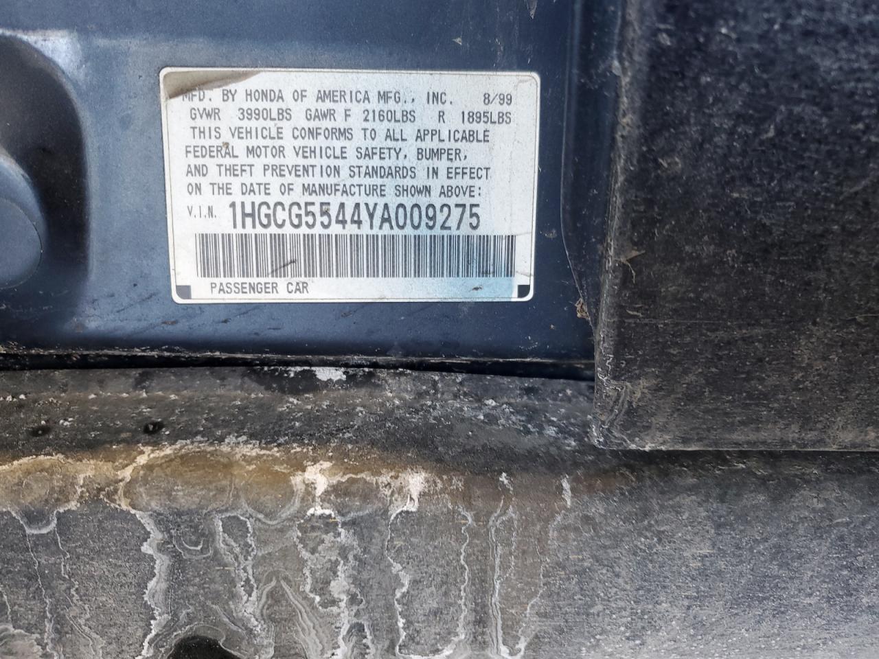 2000 Honda Accord VIN 1HGCG5544YA009275 Copart auction photo, rear end damage thumbnail 14