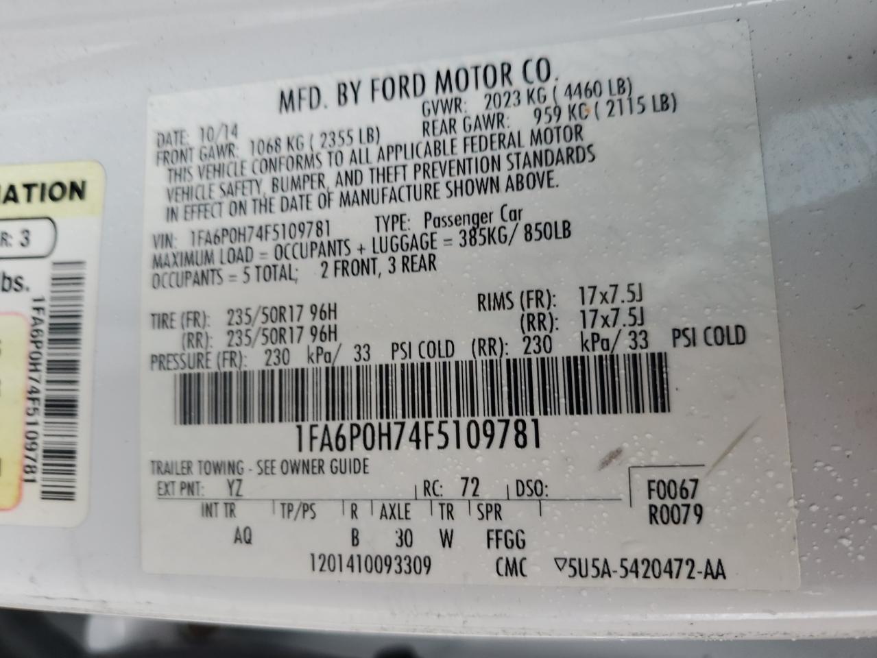 2015 Ford Fusion VIN 1FA6P0H74F5109781 Copart auction photo, front end damage thumbnail 15