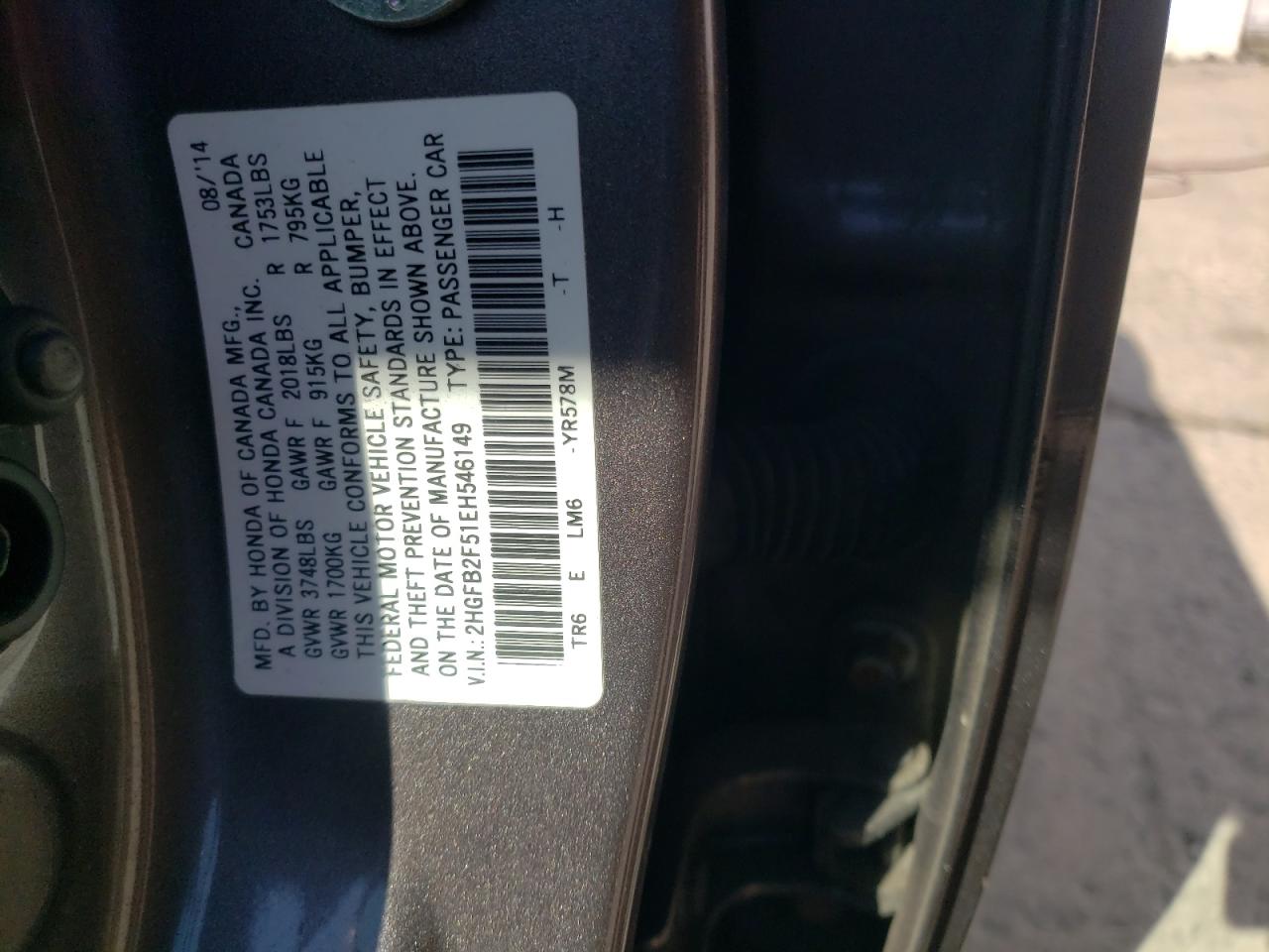 2014 Honda Civic VIN 2HGFB2F51EH546149 Copart auction photo, front end / minor dent/scratches damage thumbnail 12