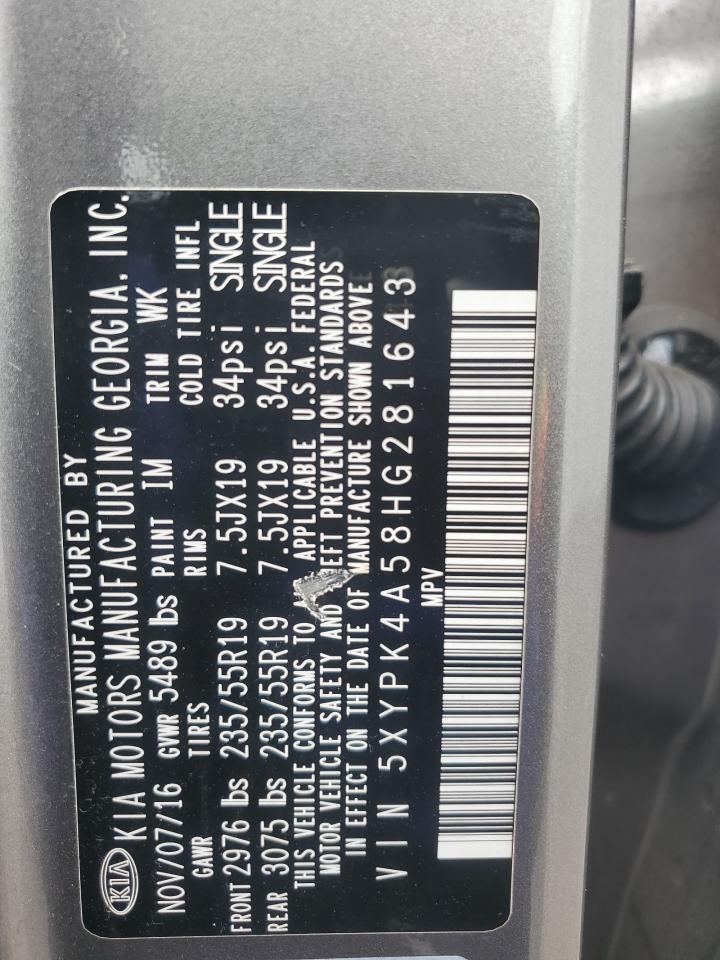 2017 KIA Sorento VIN 5XYPK4A58HG281643 Copart auction photo, mechanical / side damage thumbnail 13