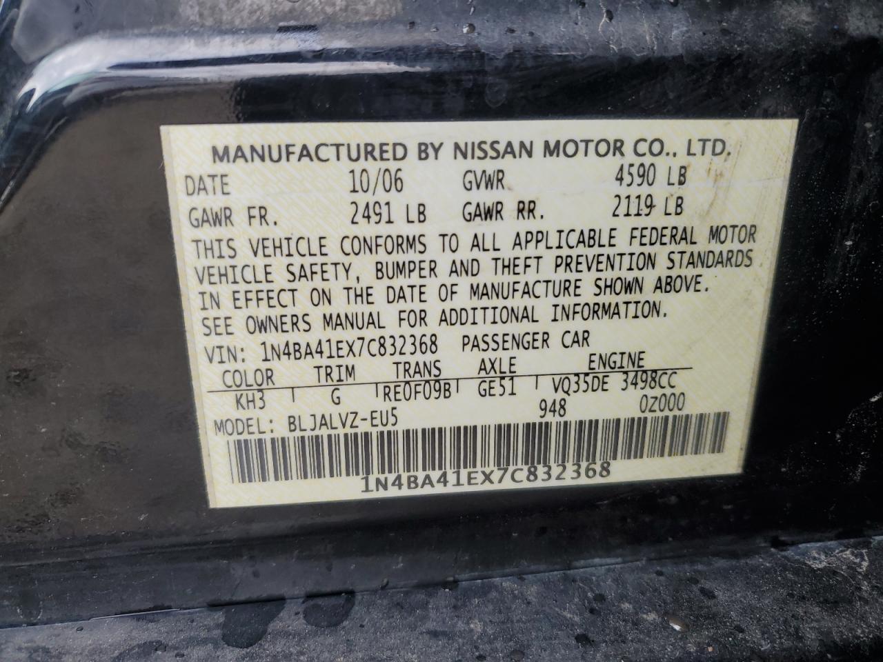 2007 Nissan Maxima VIN 1N4BA41EX7C832368 Copart auction photo, side damage thumbnail 12