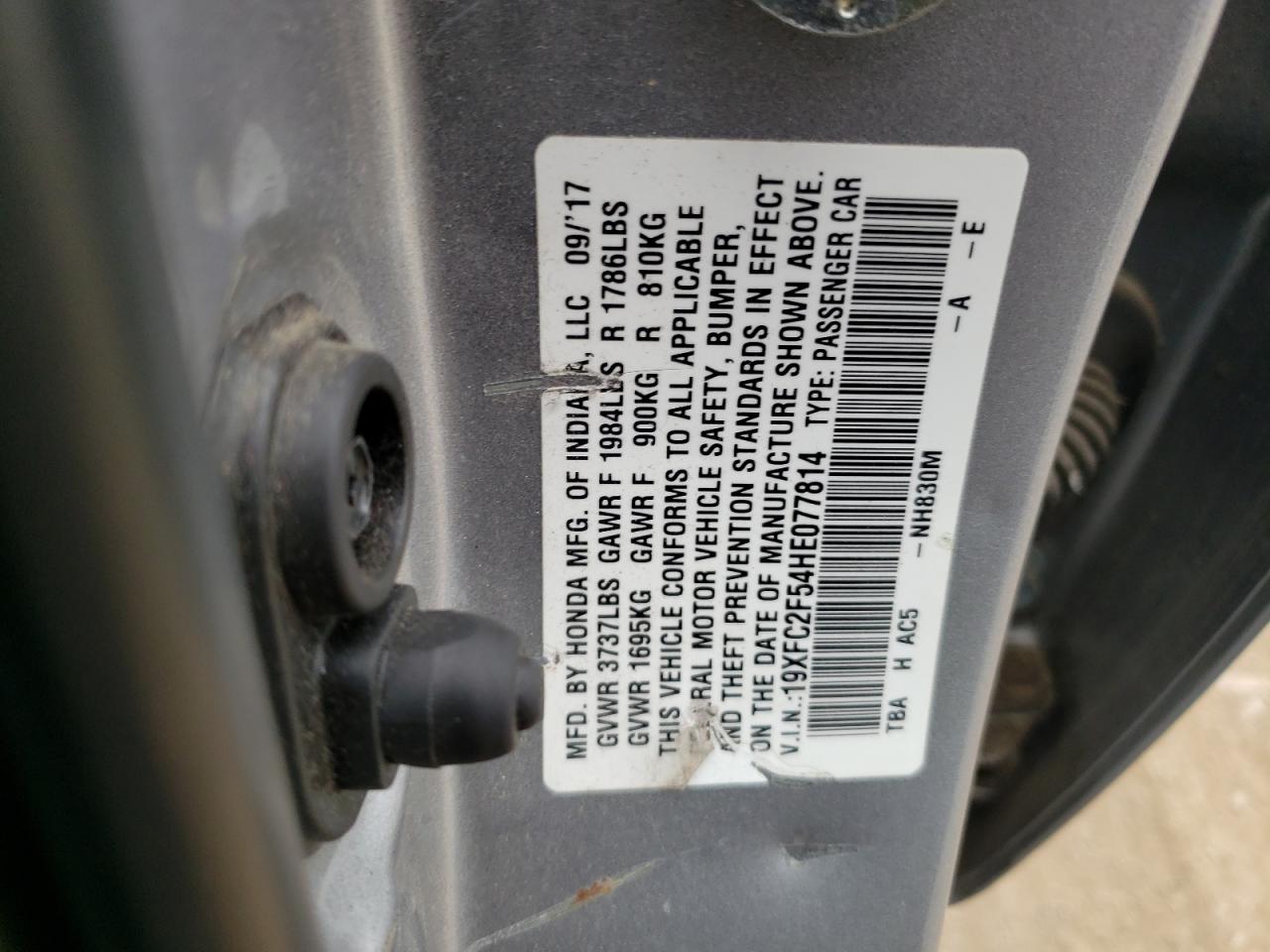 2017 Honda Civic VIN 19XFC2F54HE077814 Copart auction photo, front end damage thumbnail 14