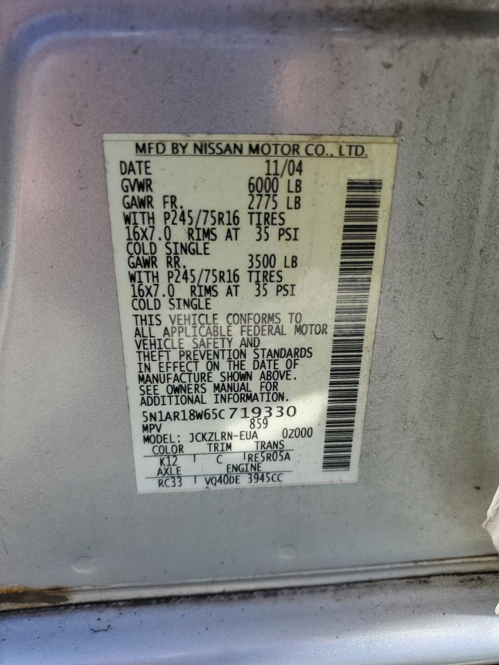 2005 Nissan Pathfinder VIN 5N1AR18W65C719330 Copart auction photo, front end / mechanical damage thumbnail 14